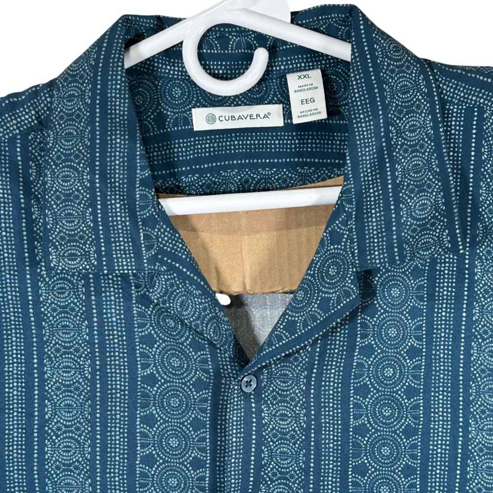 Cubavera Mens 2XL Teal Blue Geometric‎ Medallion Print Viscose Camp Shirt